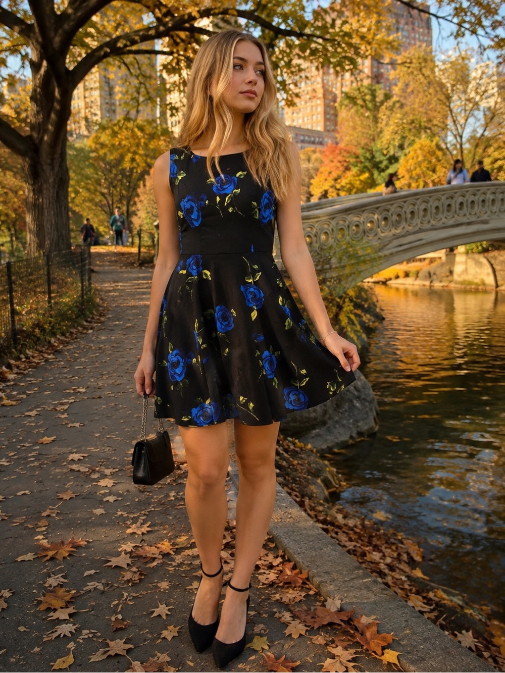 Grace Karin Black Cobalt Blue Rose Floral Skater Dress | Vintage Romantic | Fall